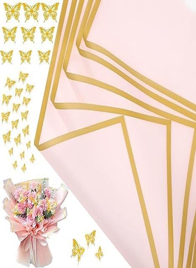 KTrading Waterproof Flower Wrapping Paper 5 Sheets with 12 Gold 3D Butterfly Stickers | Bouquet Wrapping Paper with Elegant Gold Edge | Premium Gift Packaging Paper for Wedding, Birthday, Party & Events (22.8 x 22.8 inch) (Pink) - Image 1